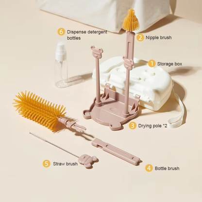 6-Piece Silicone Baby Bottle Cleaning Brush Set with Drying Rack & Travel Case
