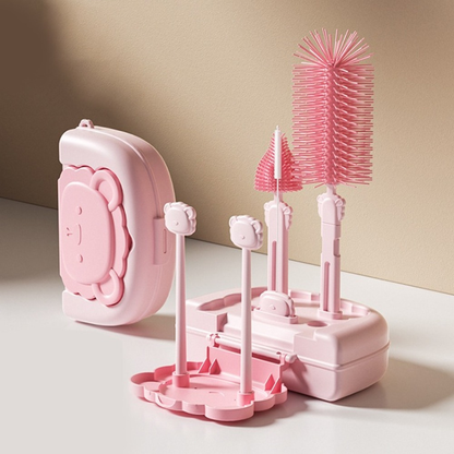 6-Piece Silicone Baby Bottle Cleaning Brush Set with Drying Rack & Travel Case