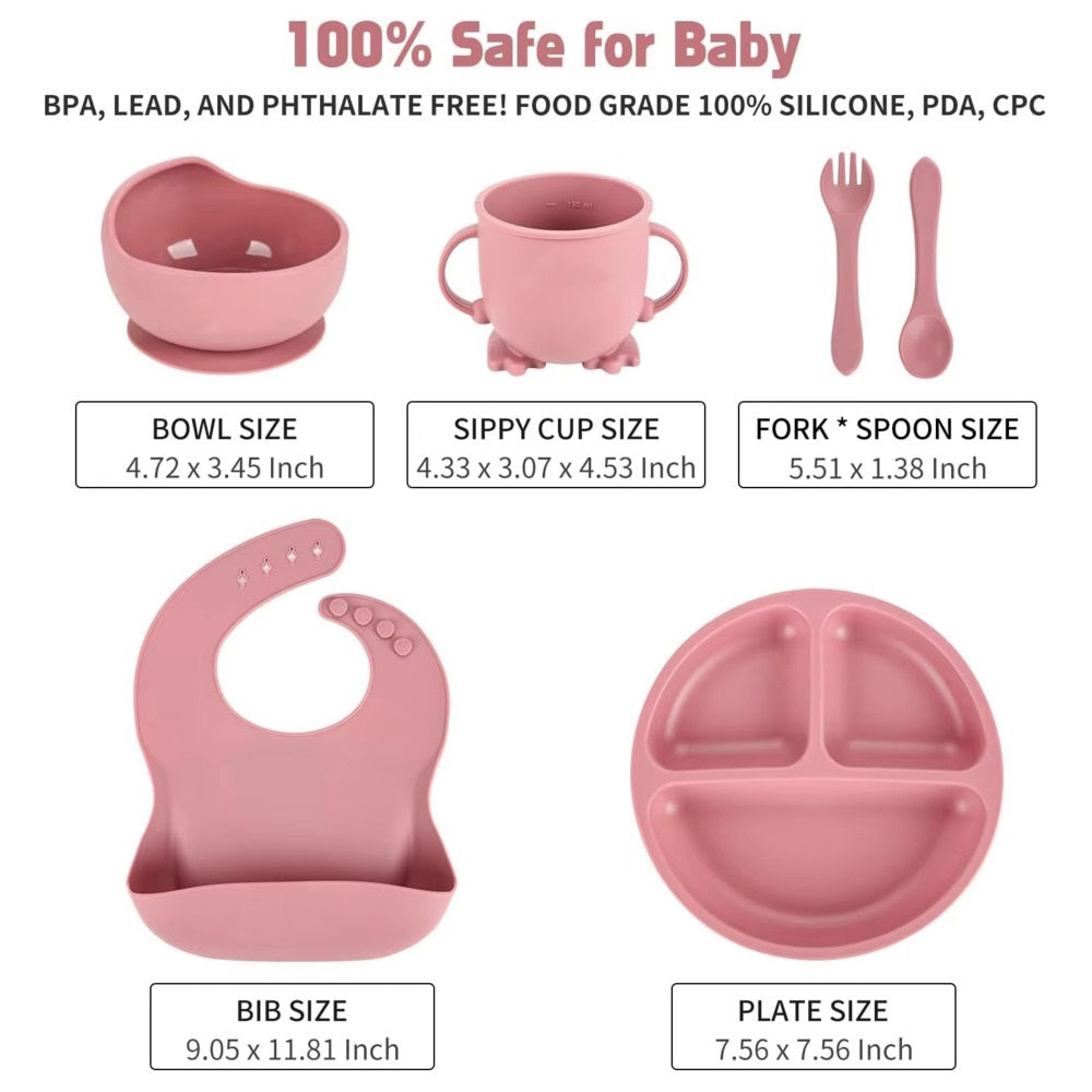 8-Piece Silicone Baby Feeding Set - BPA-Free, Non-Slip Suction Bowl, Plate, Cup, Bib, Spoon & Fork – Safe & Easy to Clean Baby Utensils, Perfect Baby Shower Gift
